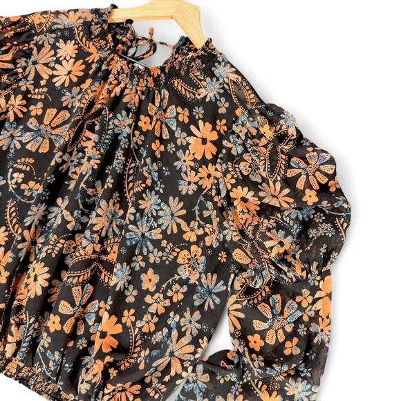 Free People Clarissa Printed Midnight Combo Top M Moody Fairygoth Smocked Boho - Picture 3 of 8